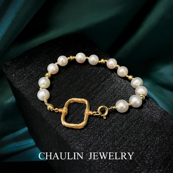 

CHAULIN Pearl Bracelet free shiping Freshwater pearl square buckle Bracelet handmade strand bracelet for women Party or date
