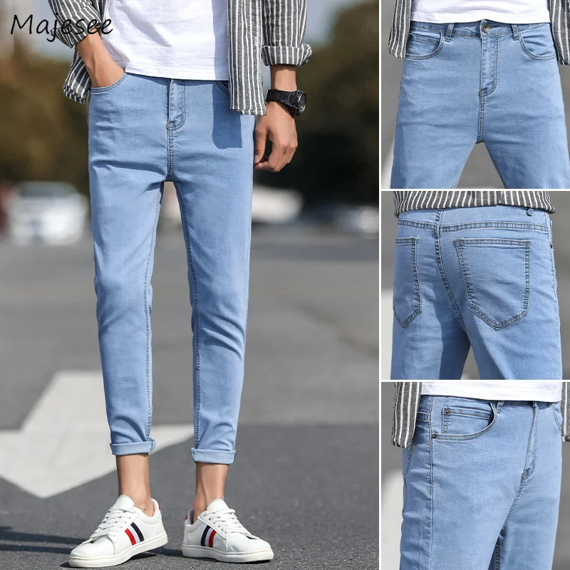 Pantalones vaqueros de tubo hasta el tobillo para hombre, Jeans sencillos de moda, pantalones de vaquero ajustados para adolescente, ropa calle coreana que combina con todo|Pantalones vaqueros| - AliExpress