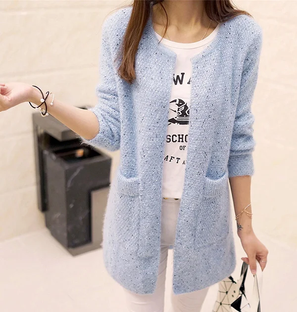 light blue Длинный женский кардиган, женский свитер, Женская вязанная куртка, топы, весна-осень, Вязаный Кардиган с длинным рукавом - Цвет: light blue