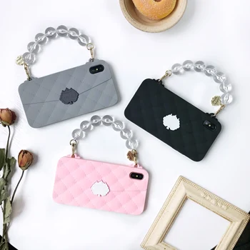 

Women Fashion Flower Grid Handbag Soft Silicone Case Cover With Crystal bead Hand Chain For Iphone 11 Pro XS Max XR X 8 7 6 Plus