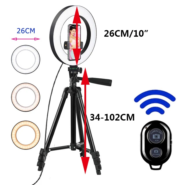 26cm Photo Ringlight Led Selfie Ring Light Phone Remote Control Lamp Photography Lighting With Tripod Stand Holder Youtube Video 102Cm-black