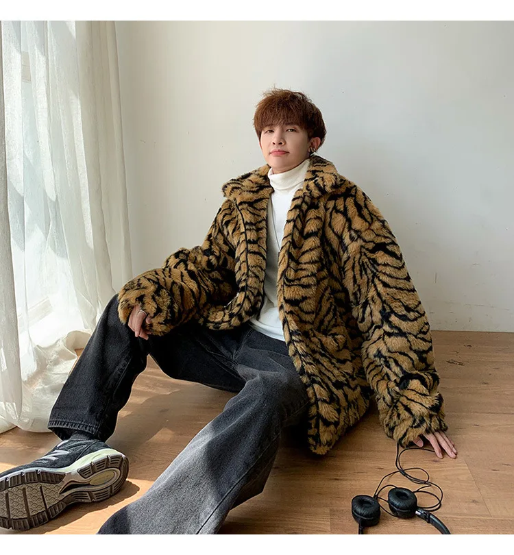 Winter Men Trend Animal Fur Tiger Pattern Fur Clothing Cotton-padded Clothes Thick Quilted Warm Leopord Pattern Coat
