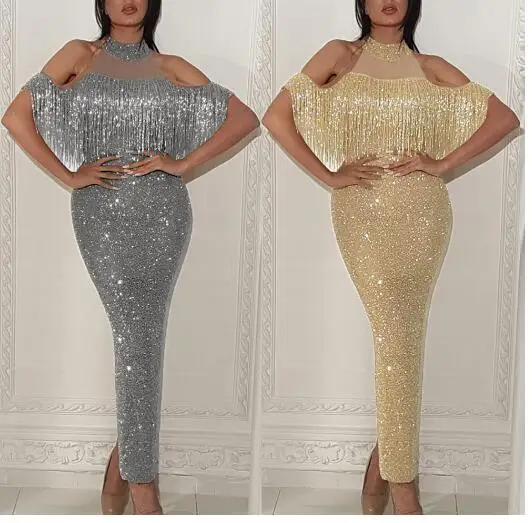 

2020 New Mesh Split Bag Hip Tassel Dress Sparkling Fringe Temperament Elegant Hanging Neck Strapless Dinner Dress