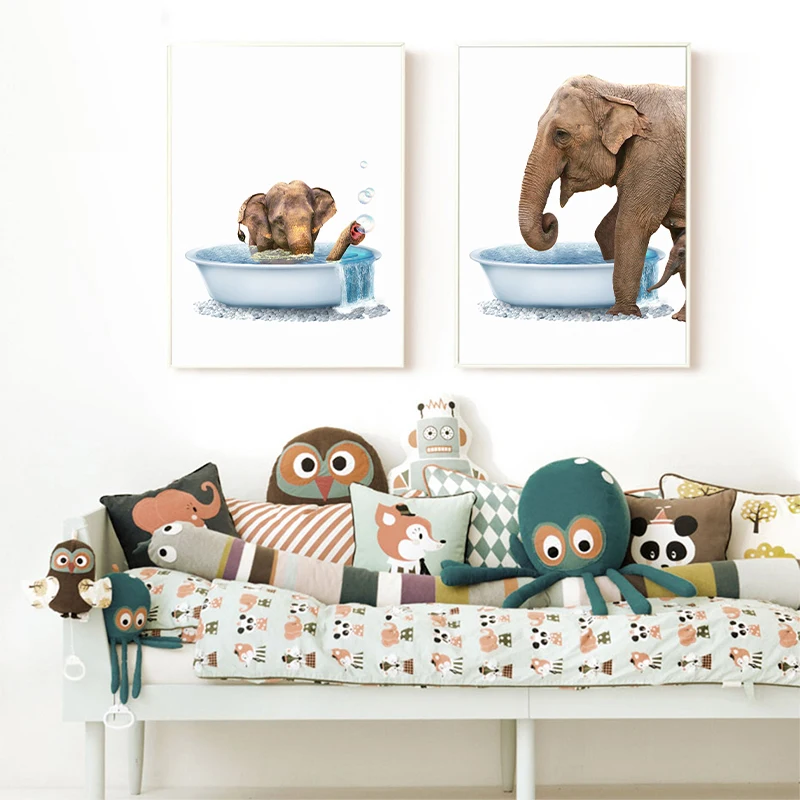 Baby Animal in Bathtub Canvas Print Poster Nursery Wall Art Kids Room Home Decor 