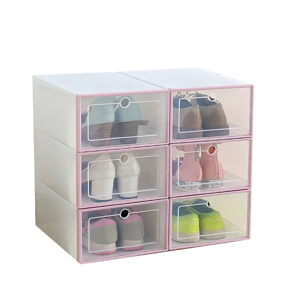 6 Pcs Transparent Shoe Box Flip Design Plastic Storage Case Organizer Dustproof for Home J99Store - Цвет: pink