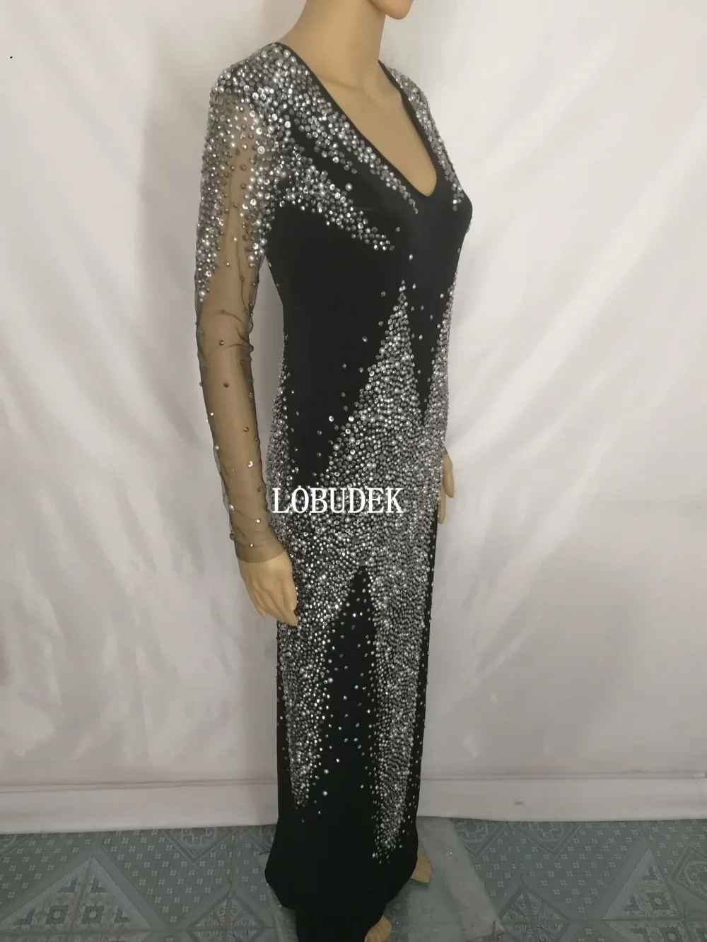 Sexy Backless Black Velvet Rhinestones Long Dress Lady Evening Prom Birthday Celebration Dresses Nightclub Singer Dancer Costume
