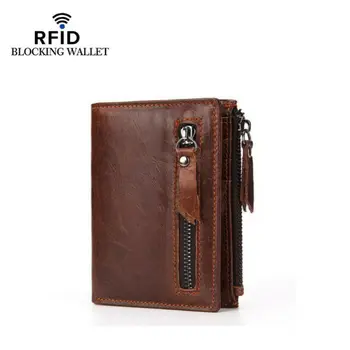 

2020 Newest Hot Men Genuine Oil Wax Leather Slim Billfold Wallet RFID Blocking Card Holder Money Clip Man Vantage Zipper Wallets