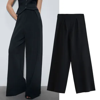 

2020 New Women Knitted Casual Long Pants with High Waist Solid Elegant Wide Leg Knitted Black Trousers