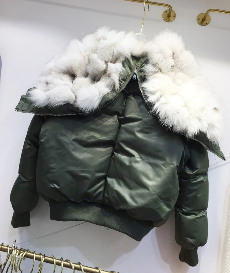 white fur green Пальто из натурального меха, Женское зимнее короткое пуховое хлопковое пальто, Женское пальто с воротником из натурального меха, свободное плотное пальто с хлопковой подкладкой, парка армейского зеленого цвета - Цвет: white fur green