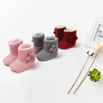 

Newborn Autumn Winter Cotton Boots Baby Girl Boy Warm Boots 3D Kintted Flowers Knit Solid Hook Ankle Length Baby Shoes