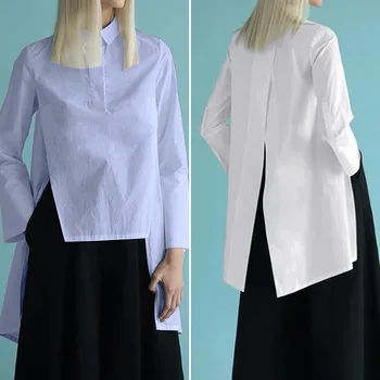 

ZANZEA Fashion Women Long Sleeve Lapel Neck Shirt Blusas Asymmetrical Blouse Spring Casual Femme Solid Tunic Top Split Hem Shirt