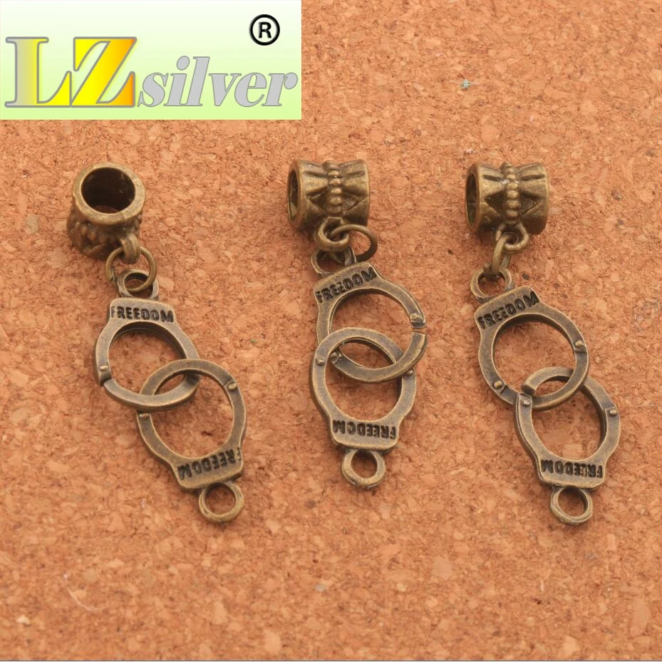 42.3x10.2mm 100PCS Zinc Alloy Bronze Handcuffs Freedom Big Hole Beads Dangle Fit European Charm Bracelets Jewelry DIY B243