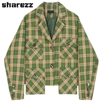 

Spring Autumn 2020 Women Tops Green Plaid Split Big Size Blazer New Lapel Long Sleeve Loose Fit Jacket Fashion Tide Korean