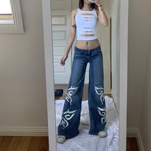 Printed Jeans Women's Old Style Butterfly Print Wide-leg Straight-leg Women's Jeans 2021 Fall/winter New Trousers Low Waist