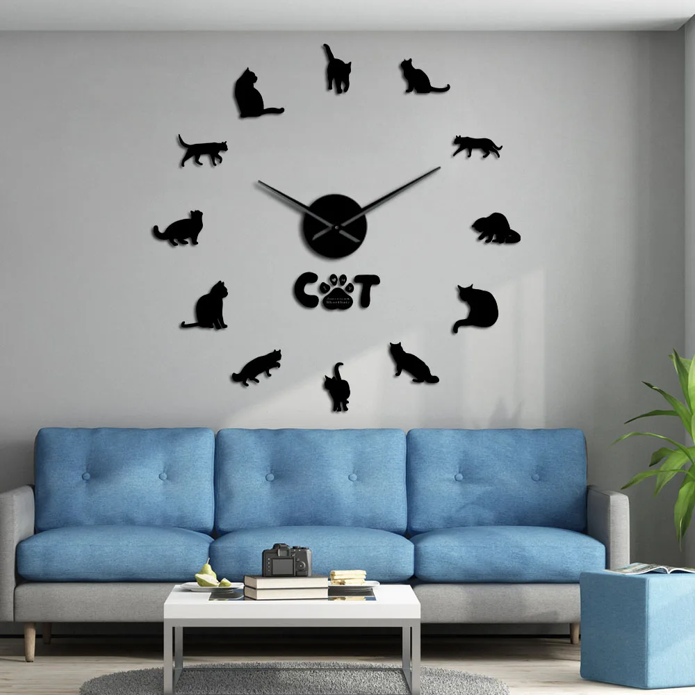 

American Shorthair Cat Modern DIY Wall Clock Mirror Effect Cat Clock Kits Numbers With Big Needle Cat Pet Breed Wall Decor Clock