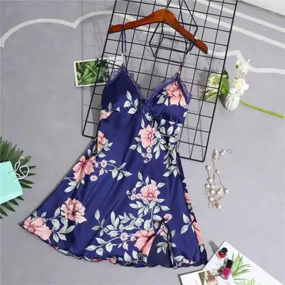 navy blue dress Женский Шелковый комбинезон с цветочным принтом, костюм из пяти частей, пижама, атласная Сексуальная кружевная ночная рубашка, одежда для дома - Цвет: navy blue dress