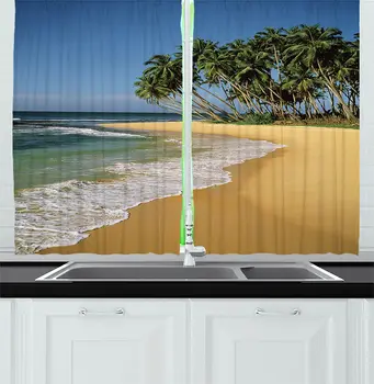 

Cream Blue Beach Kitchen Curtains Tropic Beach Coconut Palm Trees Vacation Travel Rest Peace Coastal Charm View for Kitchen