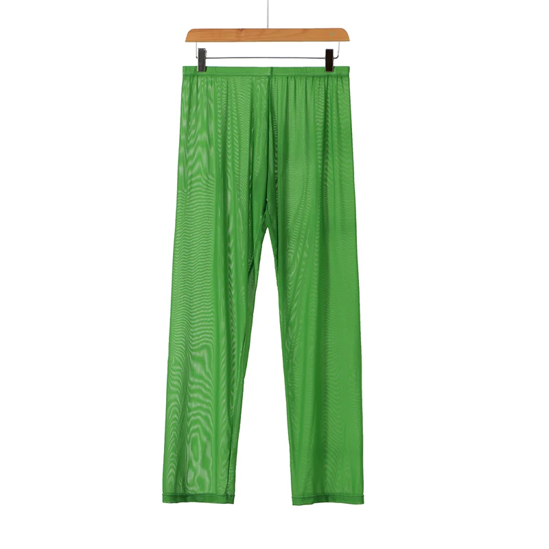green Пижама Для мужчин прозрачной сетки пижама из тонкой ткани Для Мужчин's домашние брюки однотонный комплект с эластичной резинкой Пижама homme Для мужчин сна штаны для сна - Цвет: green