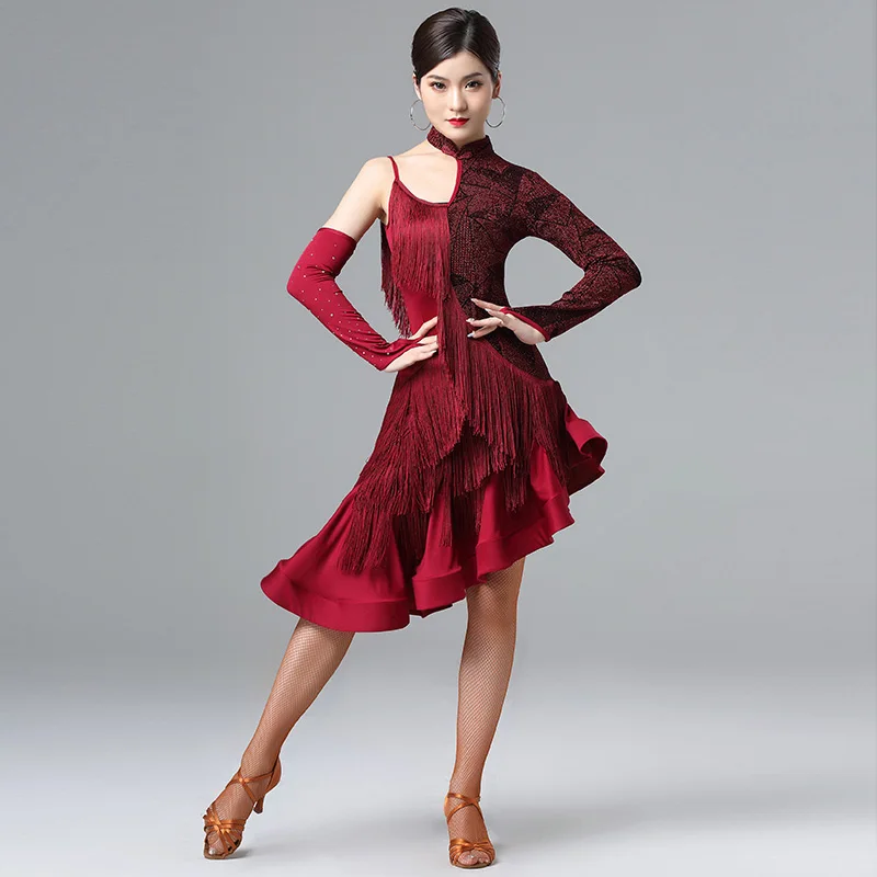 Дизайн, платье для латинских танцев, сценическое, сексуальное, с одним рукавом, с кисточками, рыбья кость, юбка, Профессиональные бальные платья для самбы, DL4951 - Цвет: as picture