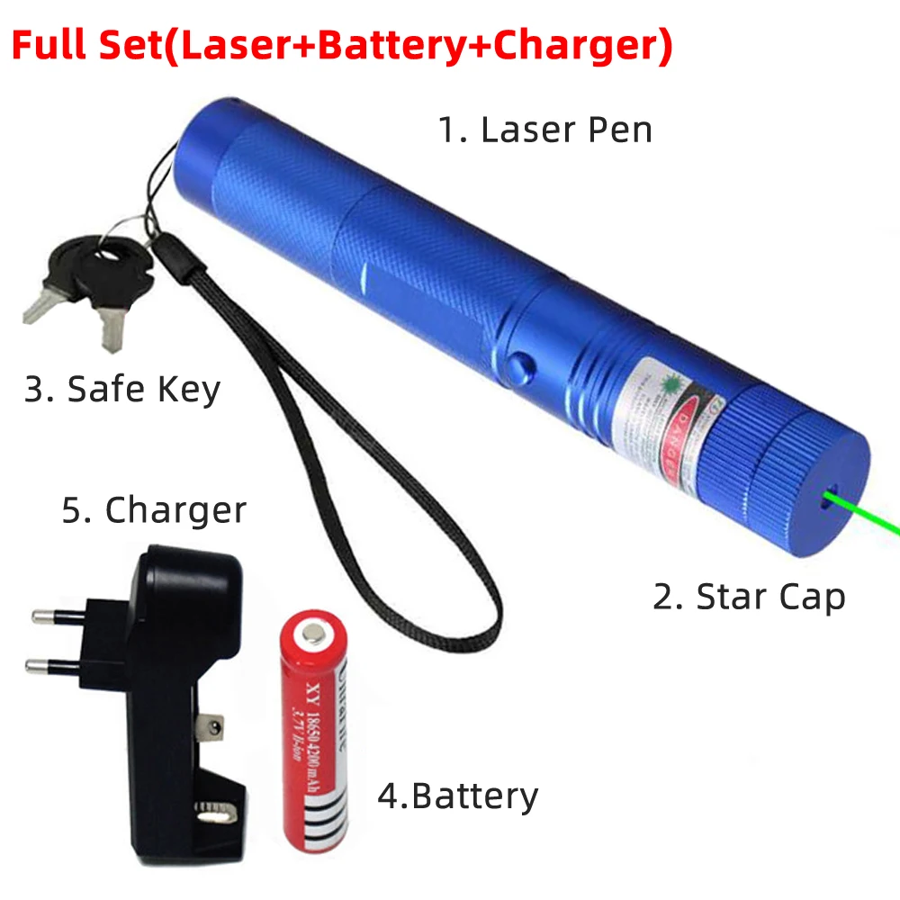 Зеленая лазерная указка Тактический 532 нм 5 мВт мощное устройство Регулируемый фокус лазеры 303 зеленая точка света лазер с батареей - Цвет: Blue Set
