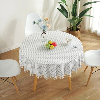 

Wedding White Grid With Tassel Dining Room Round Tablecloth Protective Cover Soft Home Decoration Kitchen Restaurant Hotel