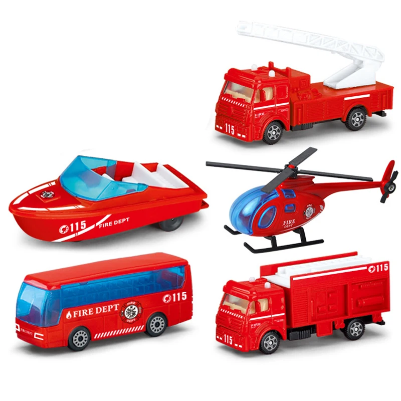 

5 pcs Fire Rescue Truck Alloy Diecast & Kids Toy Vehicle Bus Helicopter Speedboat Small Car for Boys Children Christmas Toys A03