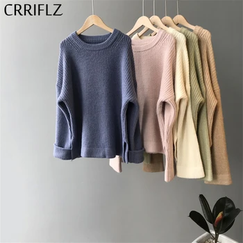 

CRRIFLZ 2020 New Casual Pullover Sweater Women Long Sleeve O Neck Solid Sweater Top