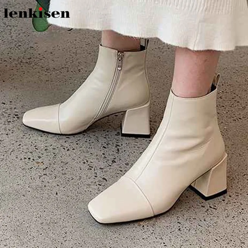 

Lenkisen genuine leather fashion concise basic boots square toe high heels winter daily wear solid Zipper women ankle boots L79