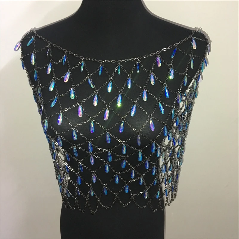 Bling дождевыми каплями драгоценные камни стразы металлические цепи безрукавки Для женщин Открытое платье с украшением в виде кристаллов кулон укороченный топ фестиваль летняя пляжная одежда, Топ