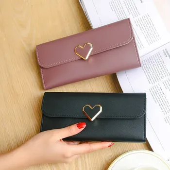 

2020 New PU Women Wallets Plain Heart-shaped Long Wallet Multi Buckle Mobile Phone Women Wallet Fashion Clutch