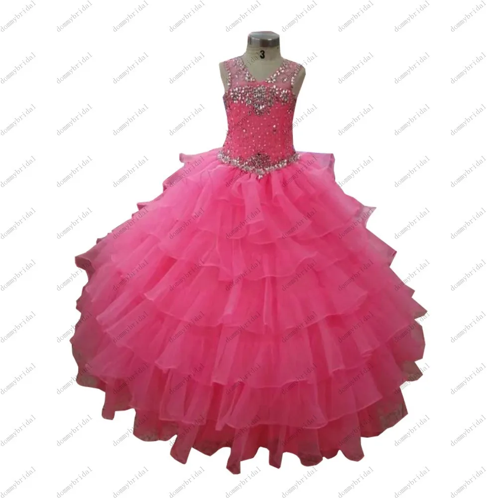 

Hot Pink Ruffles Girls Pageant Prom Dresses Ball Gown Organza Crystal Rhinestone Cupcake Toddler First Communion Girl Dress