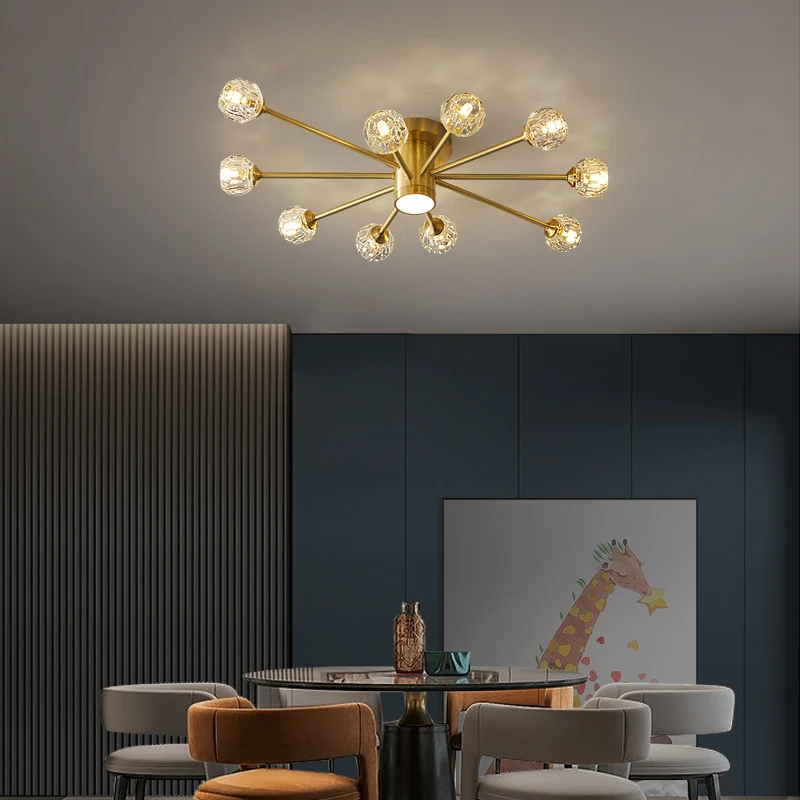 Modern luxury copper crystal ceiling lamp lighting American retro lamp restaurant golden luster molecular art ceiling lamp