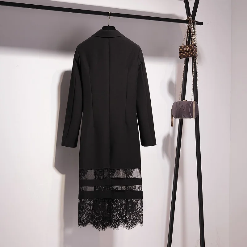 Best Women Black Long Sleeve Lace Patchwork Suits Coats Chic Bow autumn Long Coats Modern Highstreet Fas