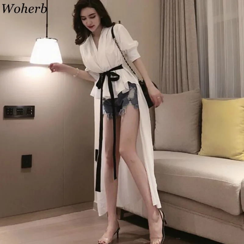 

Woherb Korean Fashion V Neck Lantern Sleeve Blouse Slim Waist Lace Up Asymmetric Shirts Solid Color Tops Women 2020 New 91590
