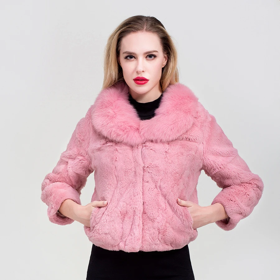 ZDFURS* Новая зимняя женская шуба из кроличьего меха воротник из лисьего меха уплотненный плюс размер шуба из настоящего кроличьего меха шуба из настоящего меха - Цвет: dark pink