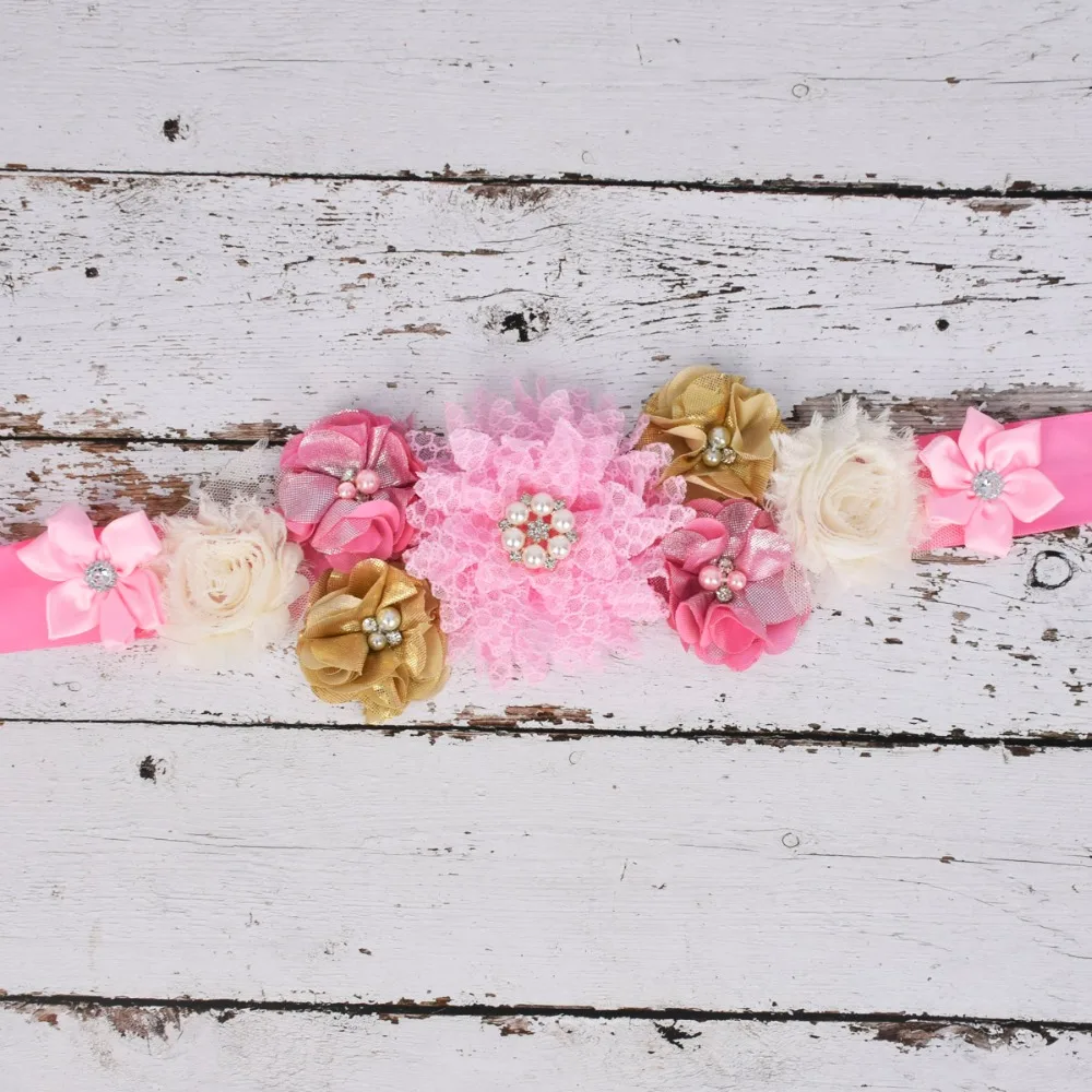 Theeper Pink/Gold Flower Maternity sash Pregnancy Flower belt Baby Shower Belly Belt Photo Prop Flower Girls Belt Wedding Sash