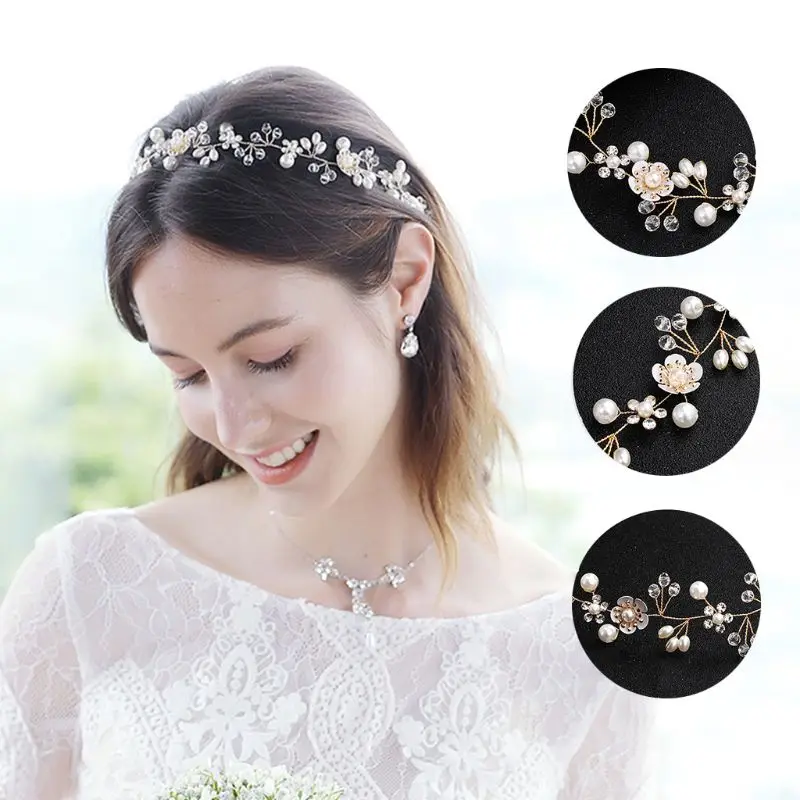 Handmade Boho Bridal Bridesmaid Headband Faux Pearl Crystal Flower Alloy Vine Headwear Retro Rustic Jewelry Wedding Hairband