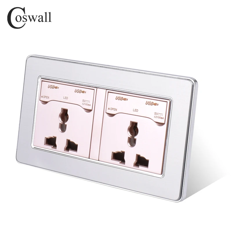 COSWALL 2 банды 13A универсальная настенная розетка+ 4 USB порта для зарядки с светодиодный индикатором панель из нержавеющей стали с пыленепроницаемой крышкой