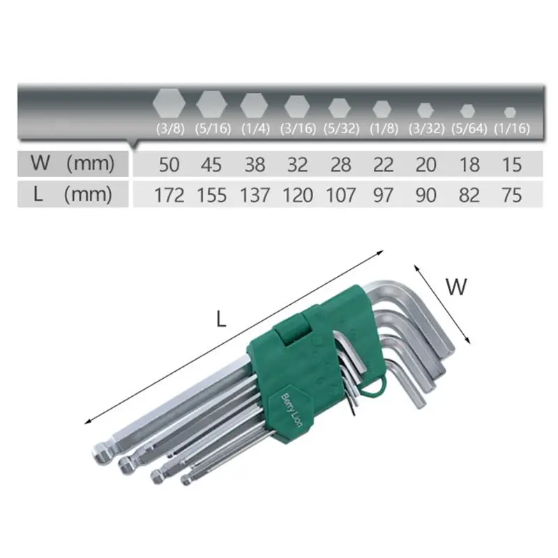 

9pcs/set Hex Allen Key Wrench L-Shape 1/16''-3/8'' Hexagon Repair Bicycle Tools 72XD