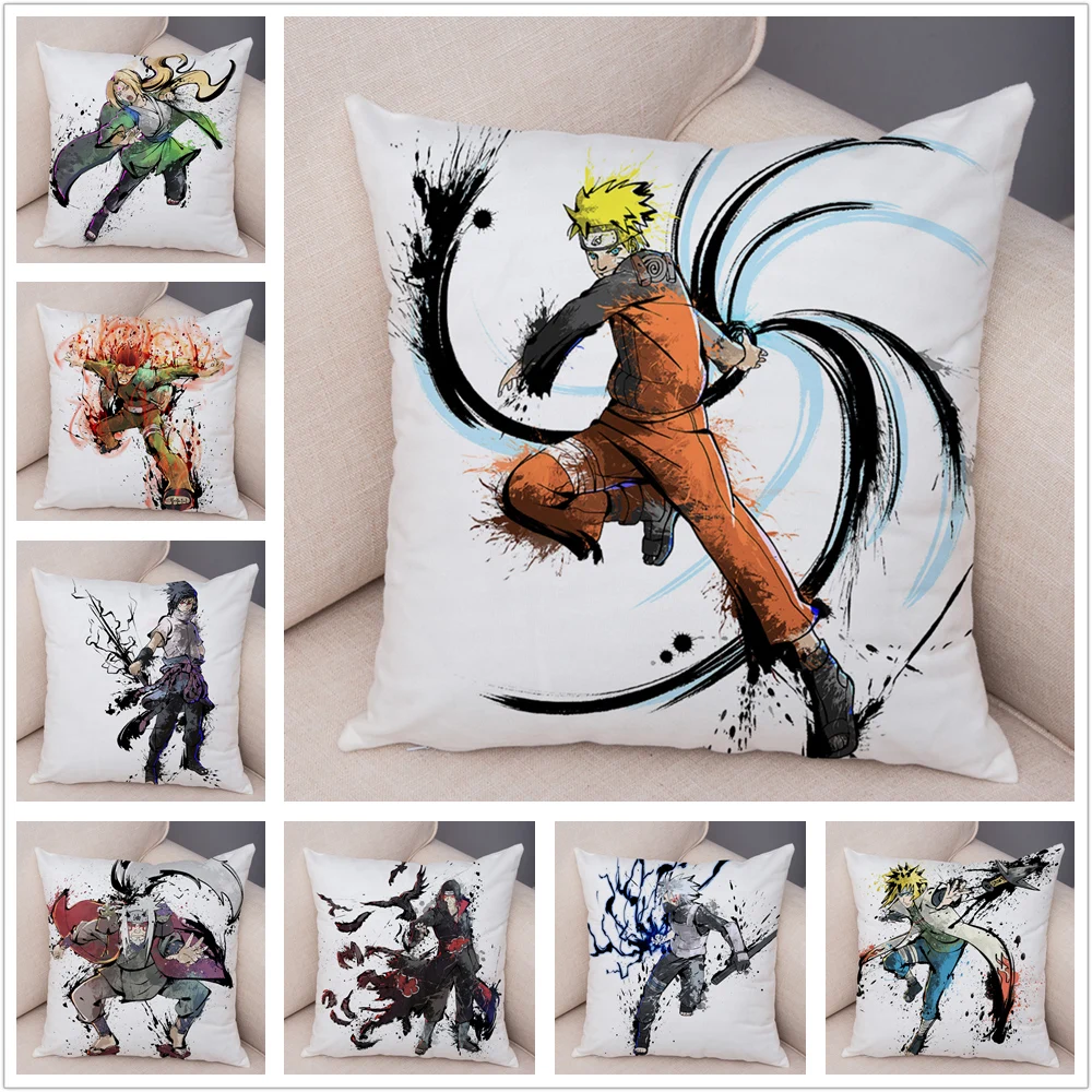 Japan Anime NARUTO Chinese Ink Pillowcase Cartoon Cushion Cover for Sofa Home 45*45cm Super Soft Short Plush Decor Pillow Case