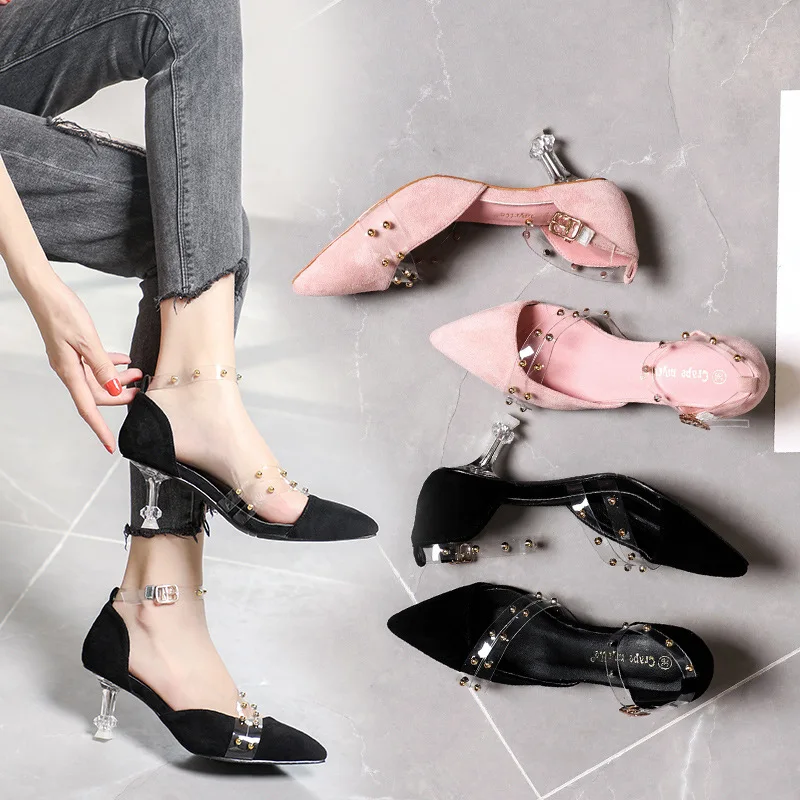 

Rivet High Heel Shoes Women's 2019 Summer New Style Thin Heeled Versatile Sexy Pointed Shallow Mouth Transparent Straight-line B