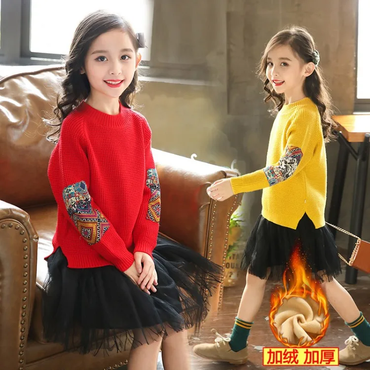 

Girl'S Sweater Western Style Pullover 2019 New Style Autumn Clothing Children Brushed And Thick Big Boy Knit Low Waist Jersey Ko