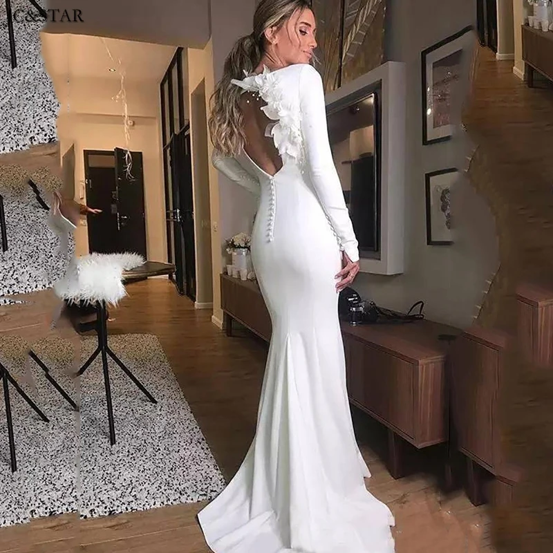 white long sleeve mermaid wedding dress