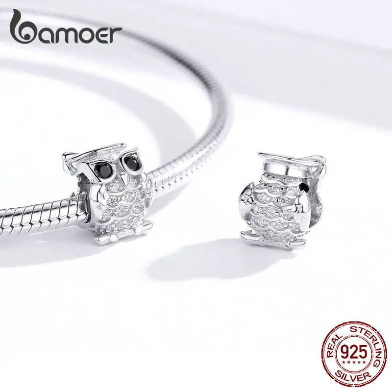 Bamoer, натуральная 925 пробы, Серебряная Сова, животное, Шарм для оригинального змеиного браслета, прозрачный CZ, Женские Ювелирные изделия, подарки на годовщину, BSC124