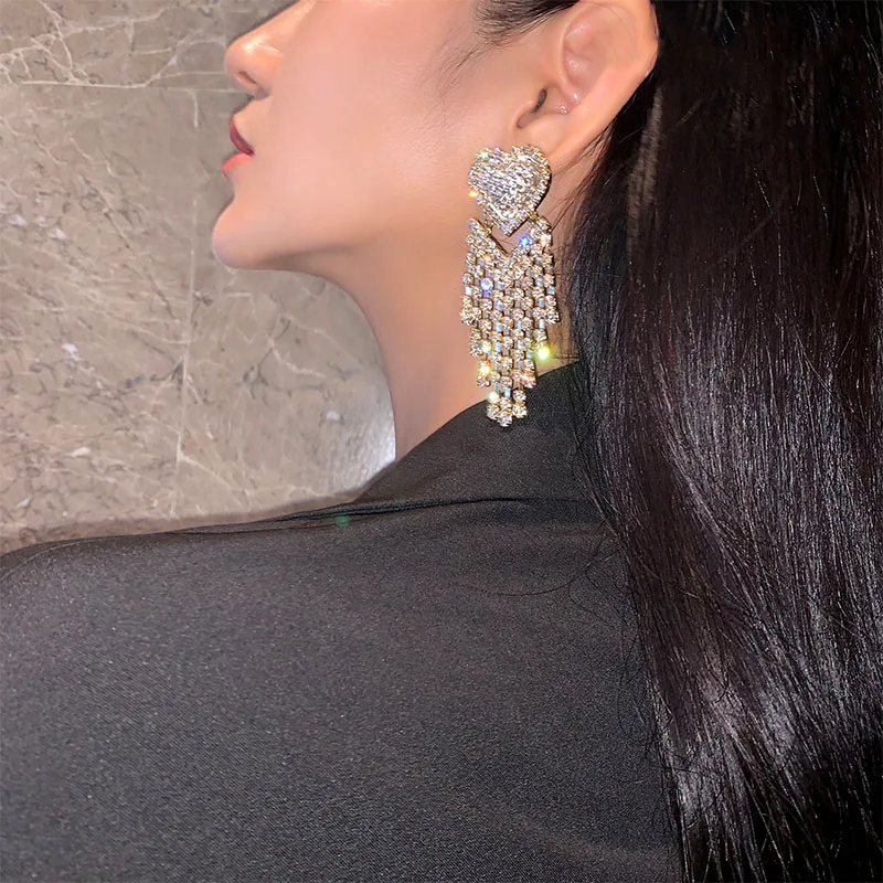 

Brass With 18K Gold Zircon Heart Star Tassel Drop Earrings Women Wedding Jewelry Punk Party Gown Runway Korean Japan INS Boho