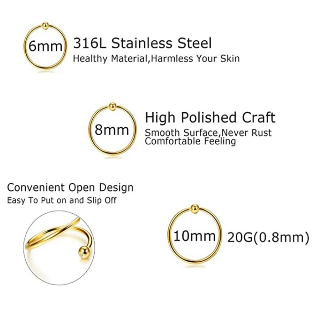 Кольцо в носу Ноздри для пирсинга уха серьги прокола хряща спираль 3 шт. 20 г 6/8/10