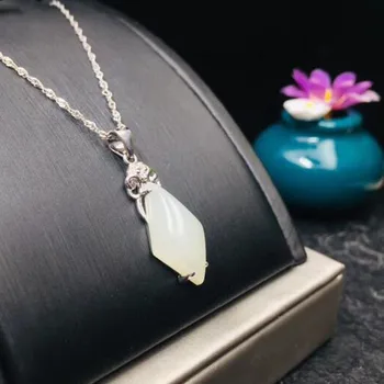 

Hot Sale 925 Silver Natural Hetian White Jade Rhombus Silver Inlaid With Jade Lucky Amulet Pendant For Women Men Fine Jewelry