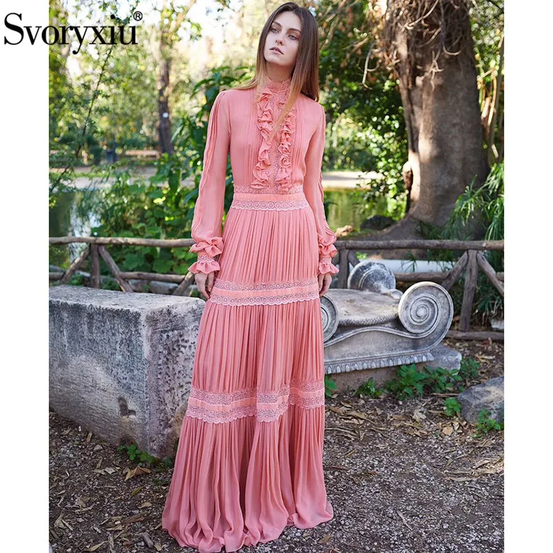 

Svoryxiu Designer Elegant Autumn Winter Maxi Dress Women's High Quality Lace Embroidery Ruffles Long Seeve Long Dress Vestdios