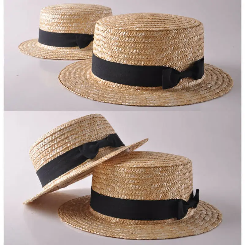 Для Женщин Девочек Широкий пляжный навес Кепка Бохо соломенная шляпа от солнца бант Плоская верхняя крышка s