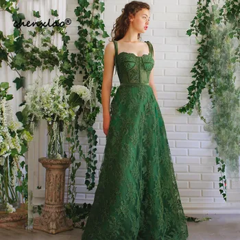 

Beautiful Green Evening Dress Lace A-Line Spaghetti Strap Floor Length Evening Dresses Long Formal Gowns vestido de festa Longo